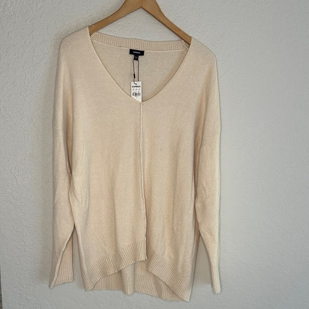 NEW Express Cream Slouchy Sweater V Neck Quiet Luxury Soft Cozy Long Sleeve